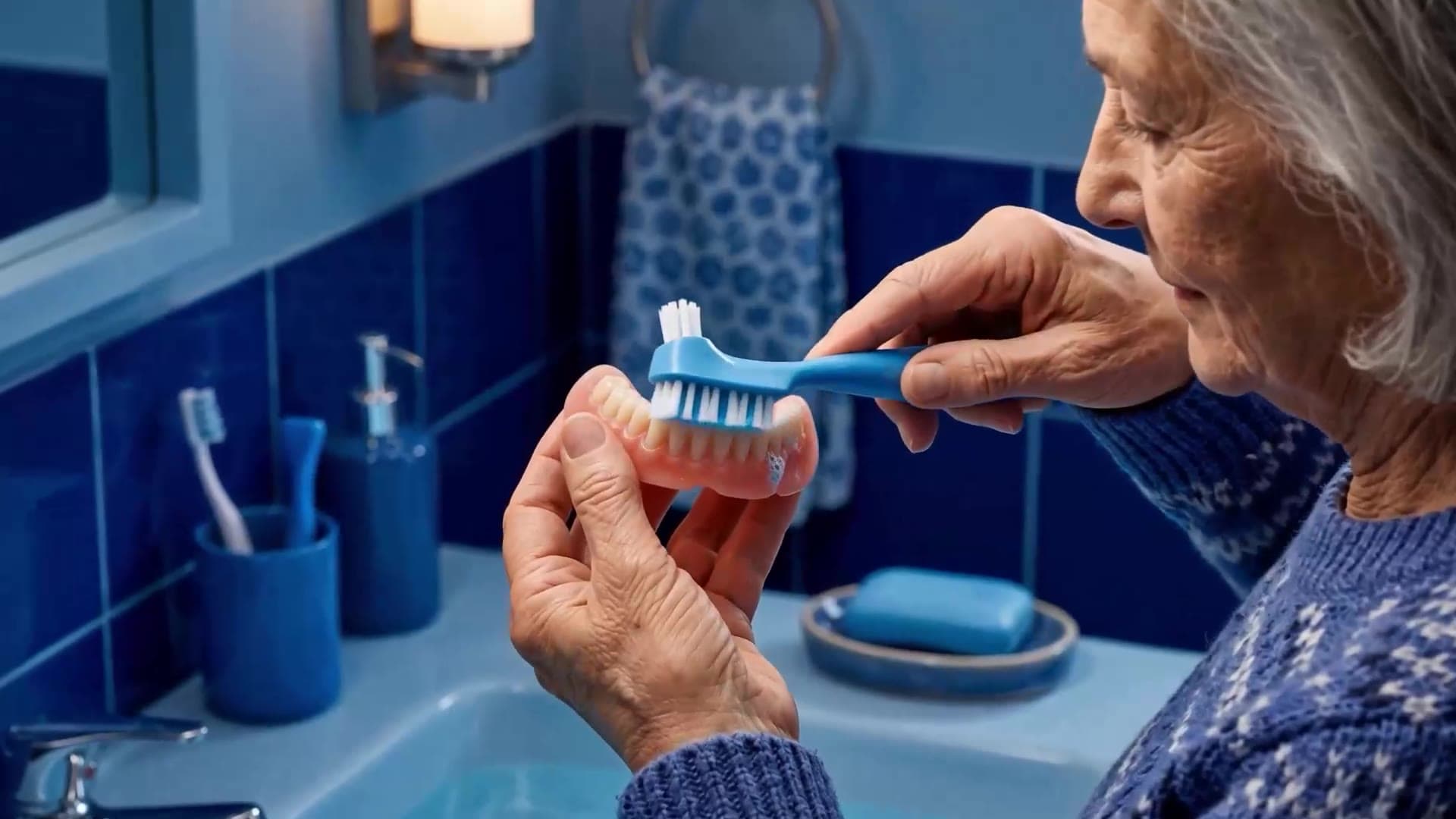 Pessoa higienizando uma prótese total com a ADDS PróClean na pia do banheiro