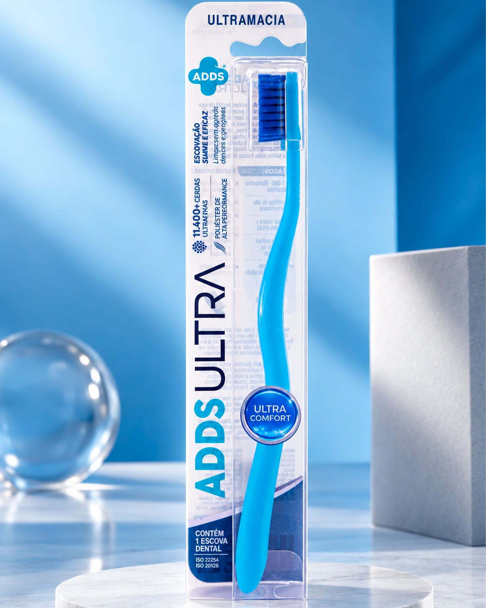 Blister da ADDS Ultra azul em pé, com ultramacia e 11.400+ cerdas ultrafinas impressos na frente
