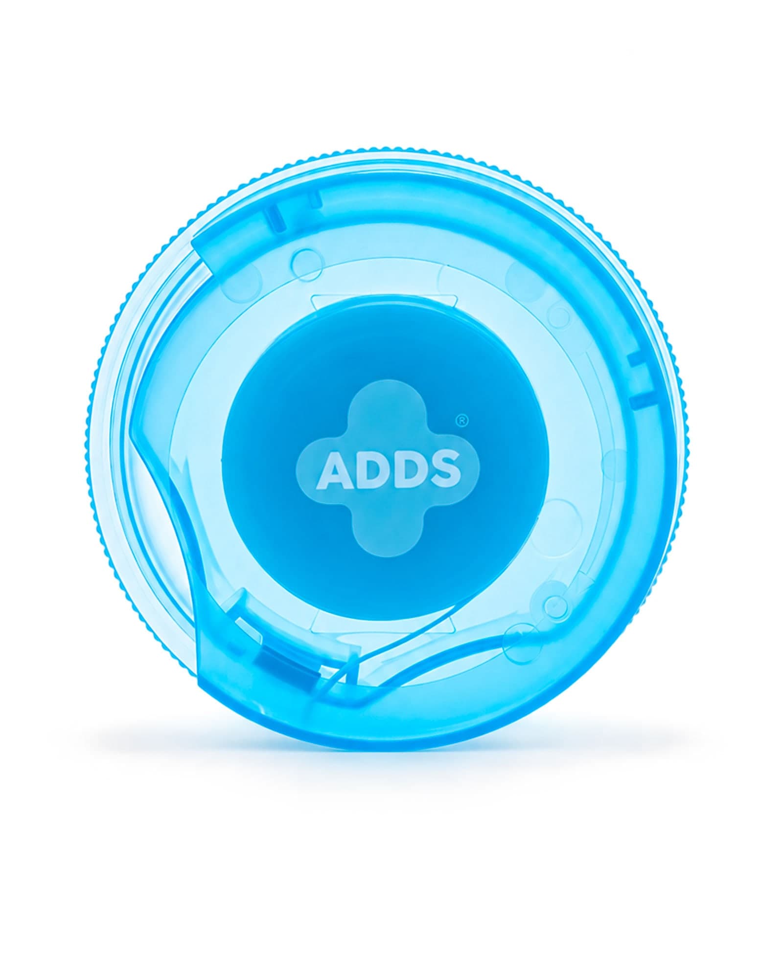 Estojo redondo e translúcido do fio ADDS Expanding, azul, com a marca no centro da tampa