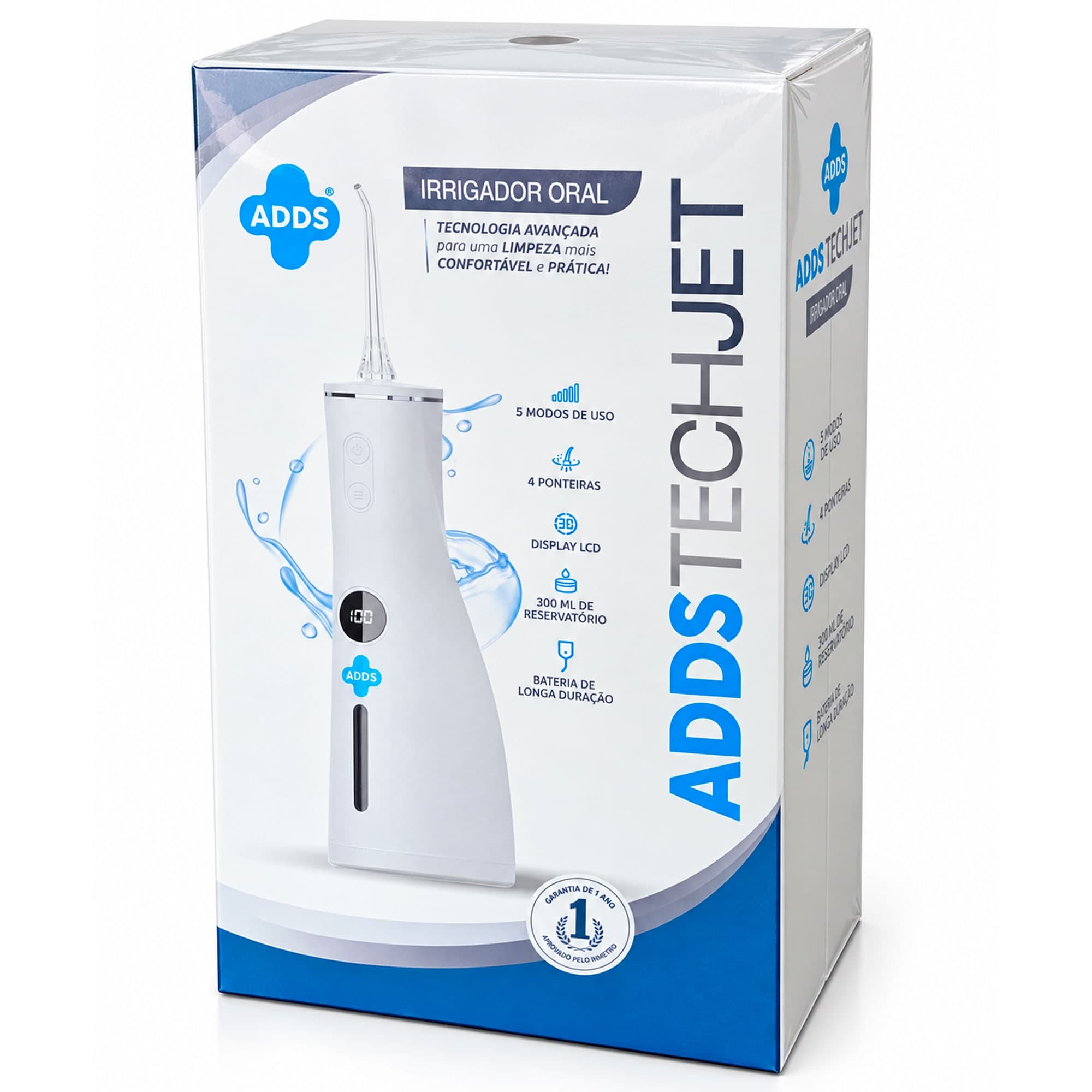 Caixa do ADDS TechJet A20 vista de frente e de lado, com o aparelho estampado e a lista de cinco modos, quatro ponteiras, display LCD, reservatório de 300 ml e bateria