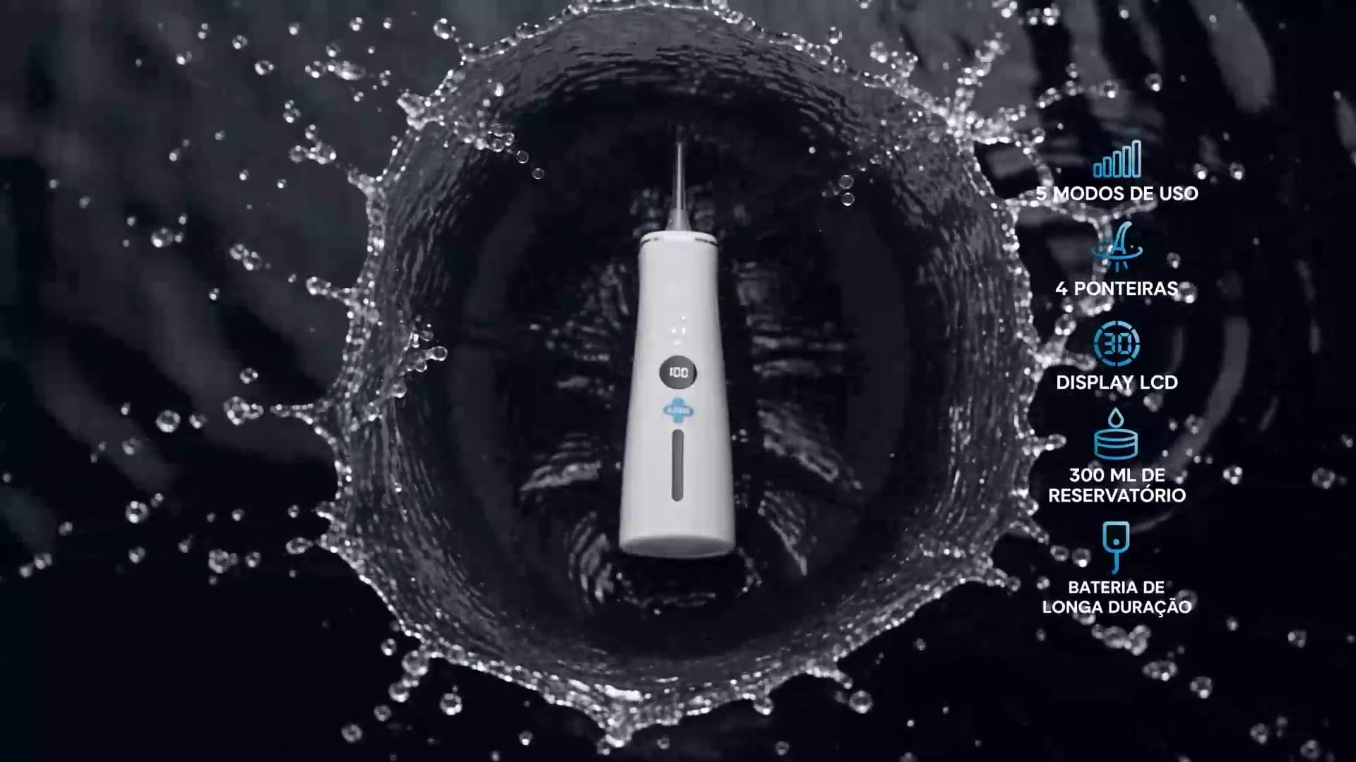 Irrigador ADDS TechJet A20 dentro de um respingo de água, com as especificações ao lado