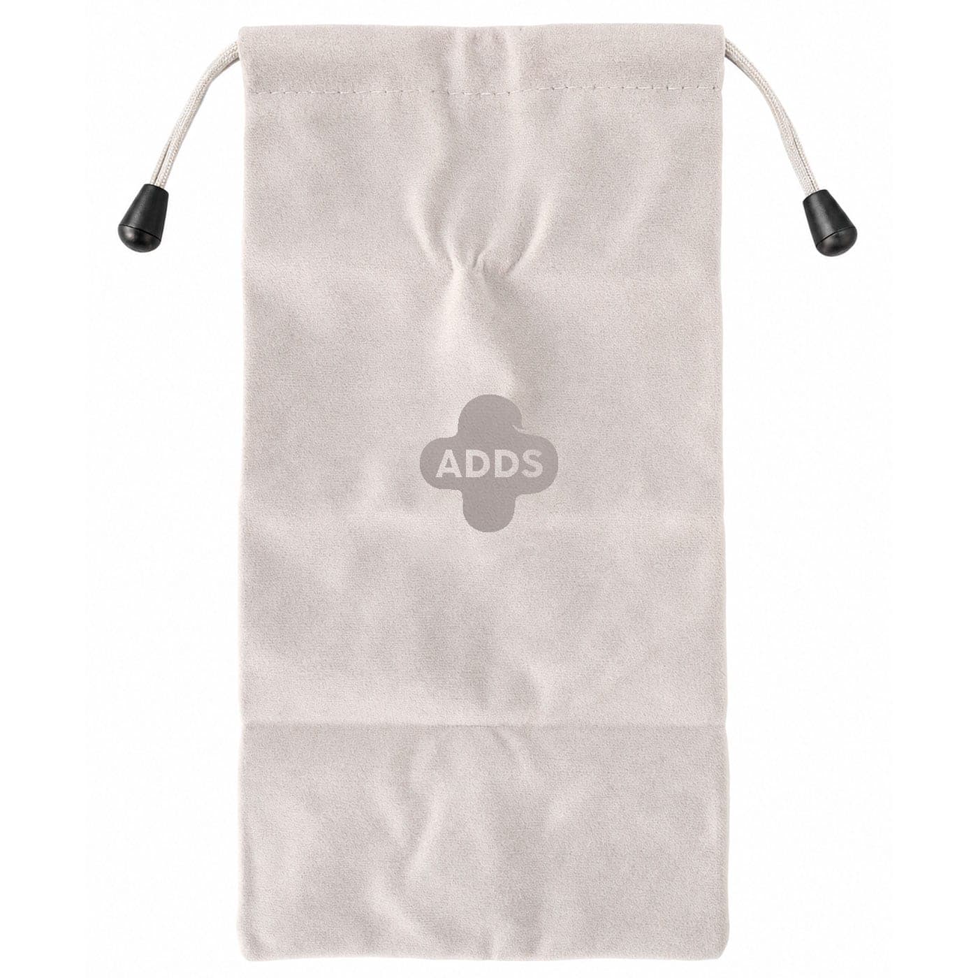 Estojo de tecido aveludado bege, com cordão e a marca ADDS estampada