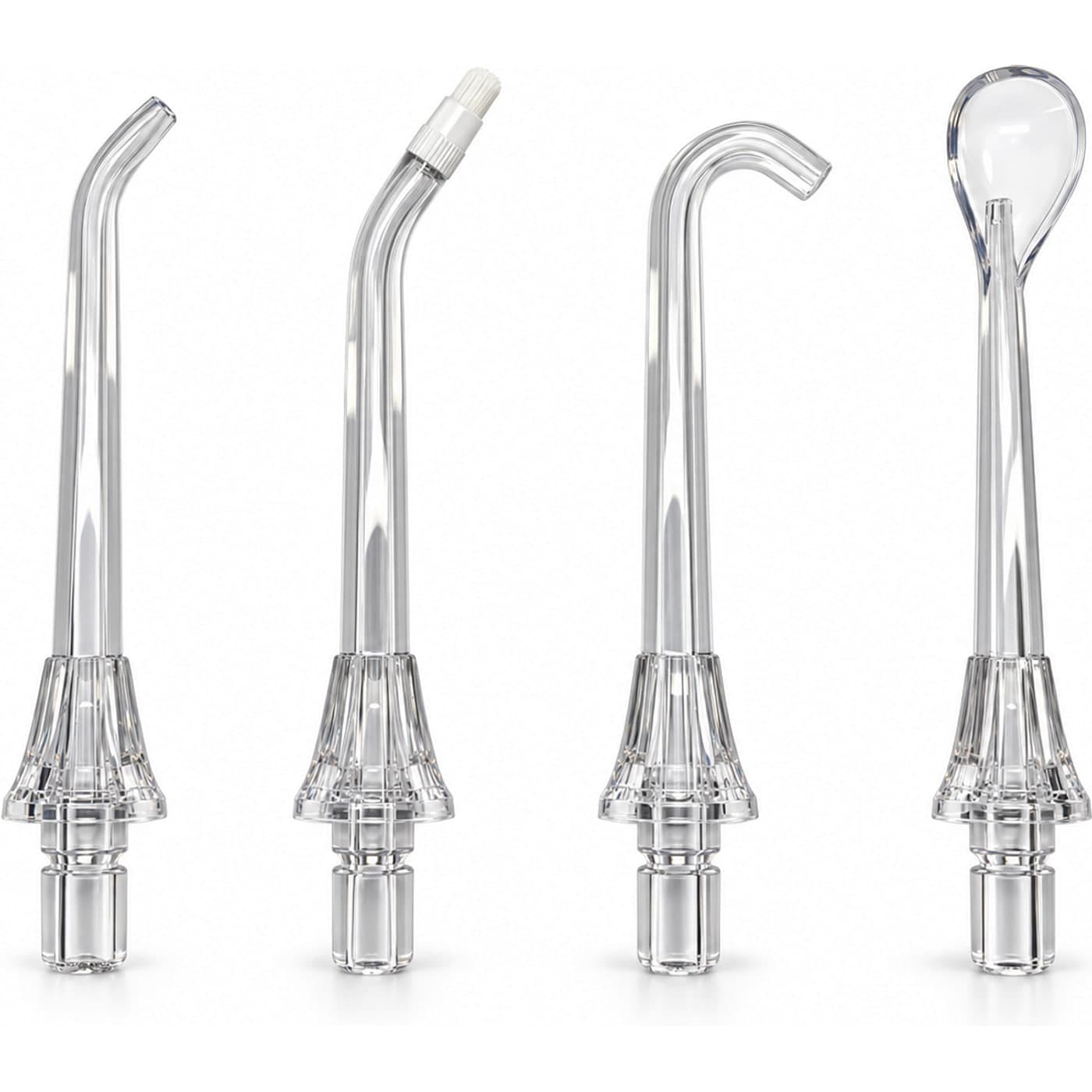 As quatro ponteiras transparentes do TechJet A20 em pé, lado a lado: o bico padrão de jato, o bico com escova na ponta, o bico em U para prótese tipo protocolo e o limpador de língua em forma de colher