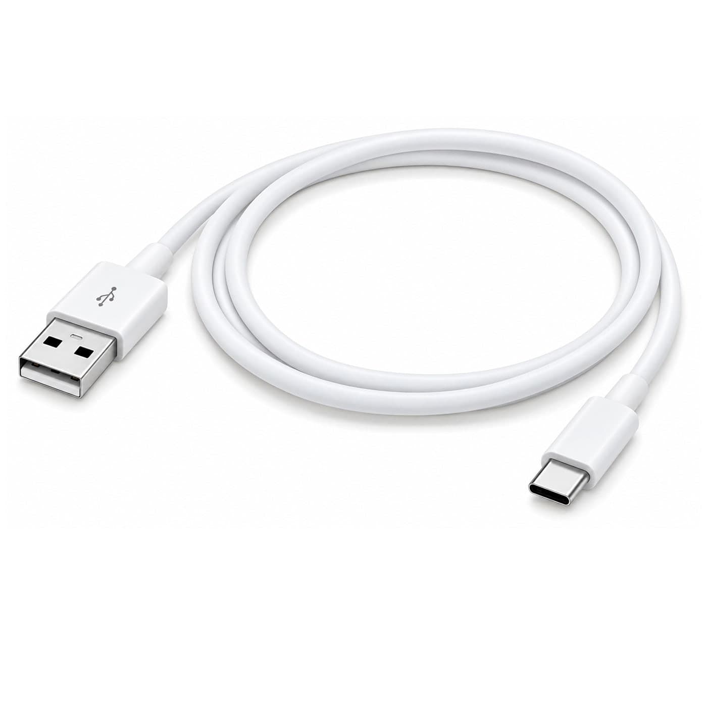Cabo branco enrolado, com plugue USB-A numa ponta e USB-C na outra